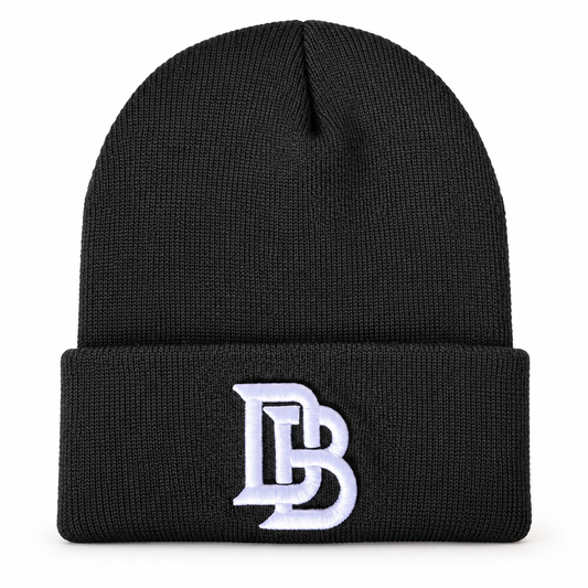 Downey Bombers Embroidered Beanie – Black, digitally retouched product photograph on a neutral background.