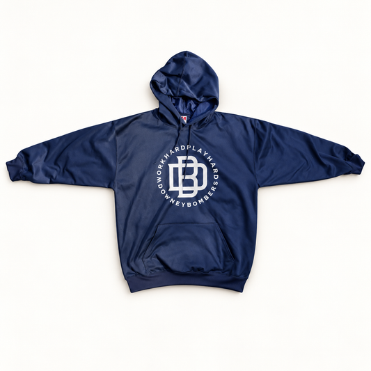 Downey Bombers “Work Hard Play Hard” Hoodie, digitally retouched product photograph on a neutral background.