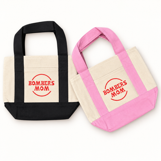Bombers Mom Mini Canvas Tote Bag, digitally retouched product photograph on a neutral background.
