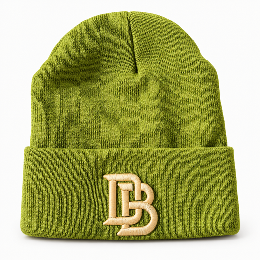 Downey Bombers Embroidered Beanie – Olive Green, digitally retouched product photograph on a neutral background.