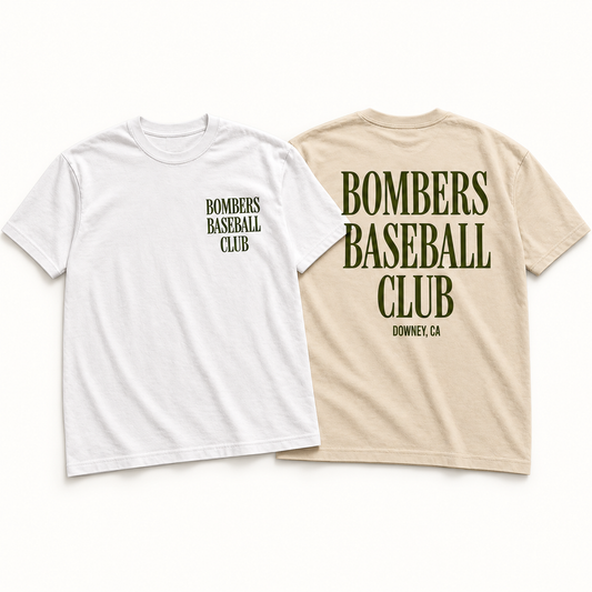 Product mockup showing white shirt front and sand shirt back with olive Bombers Baseball Club lettering.